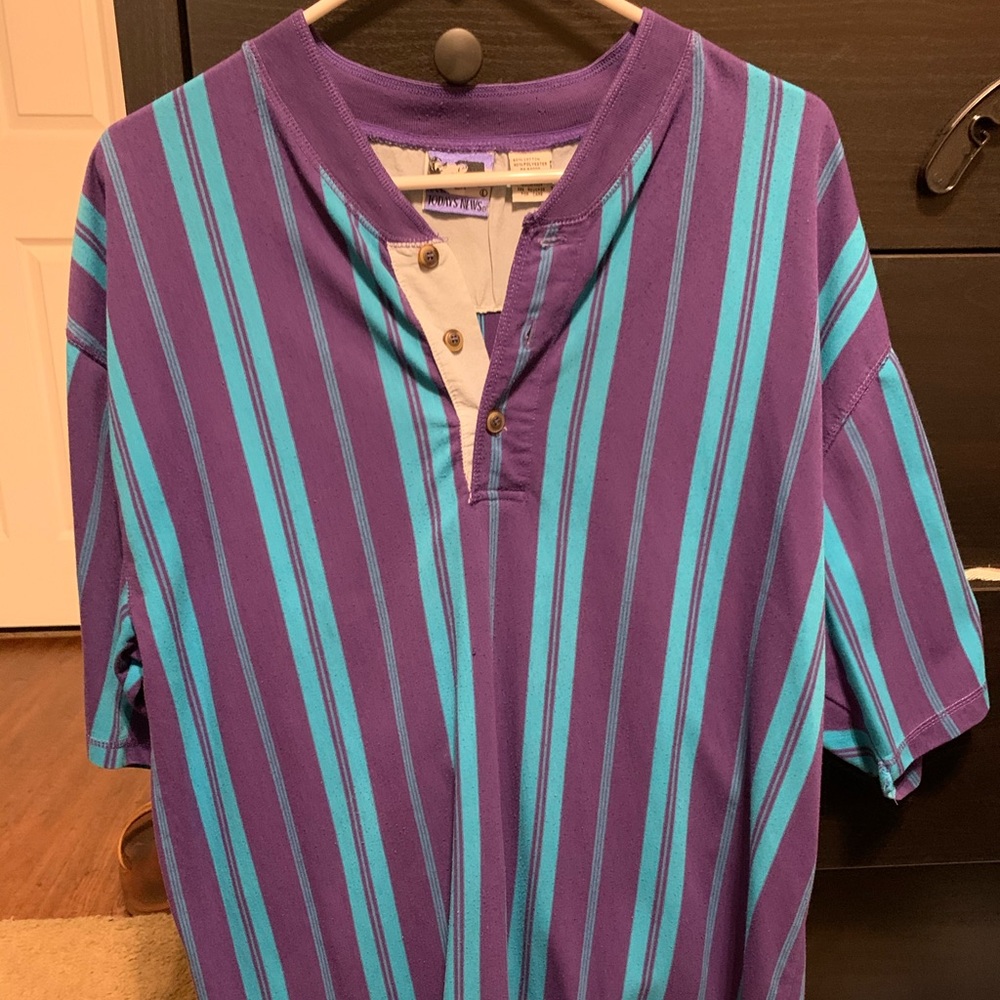 90's Men's Teal and Purple Striped Henley T-Shirt